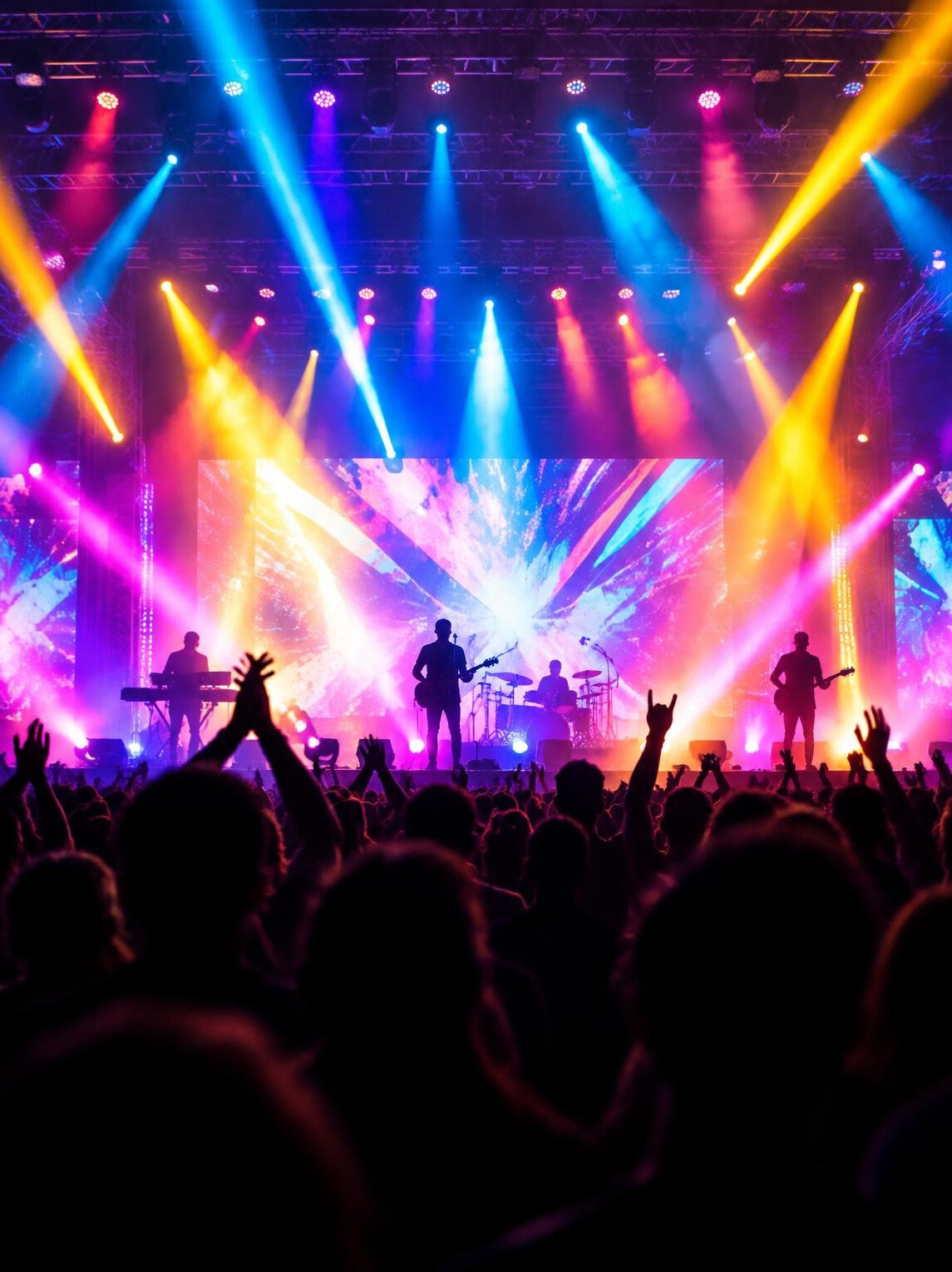 Live event stage with colourful lights and an audience silhouette