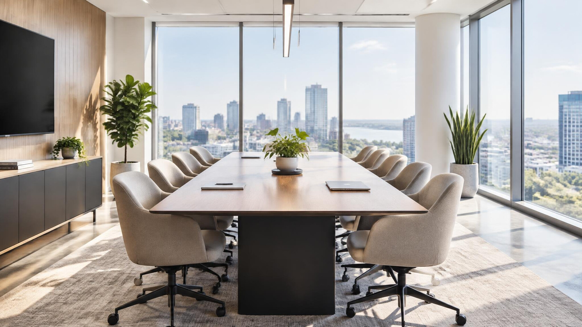 Bright modern office meeting space with large windows