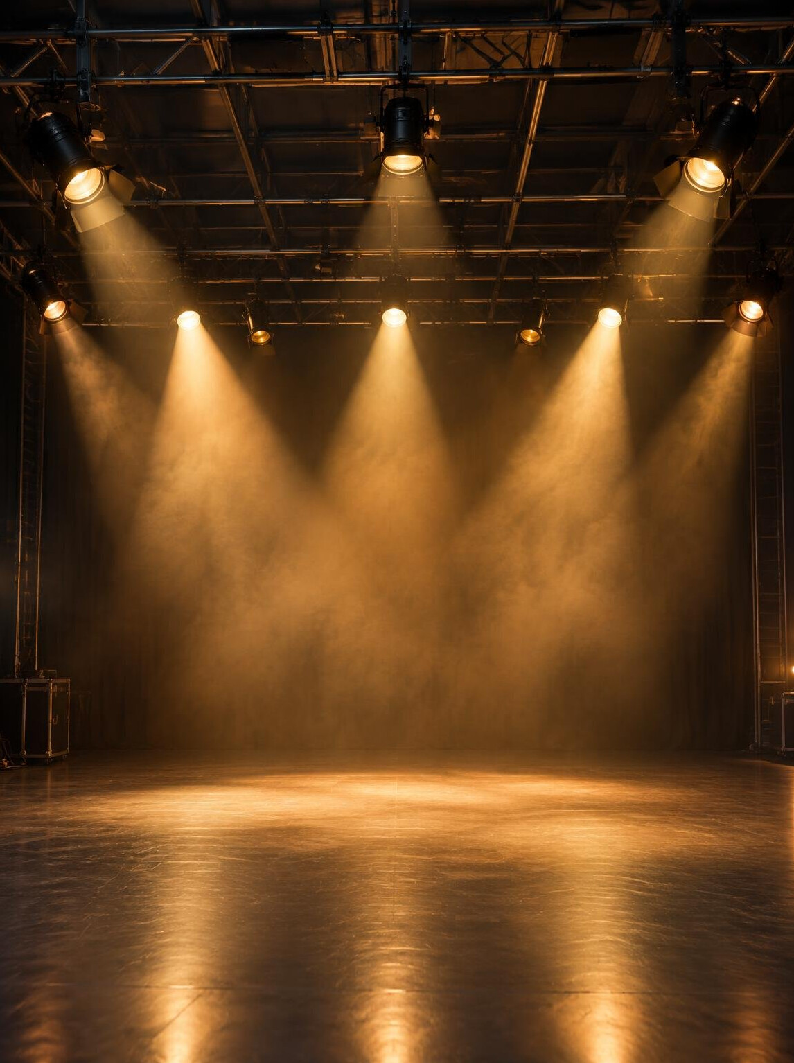 Stage lighting rig with warm spotlights above an empty stage