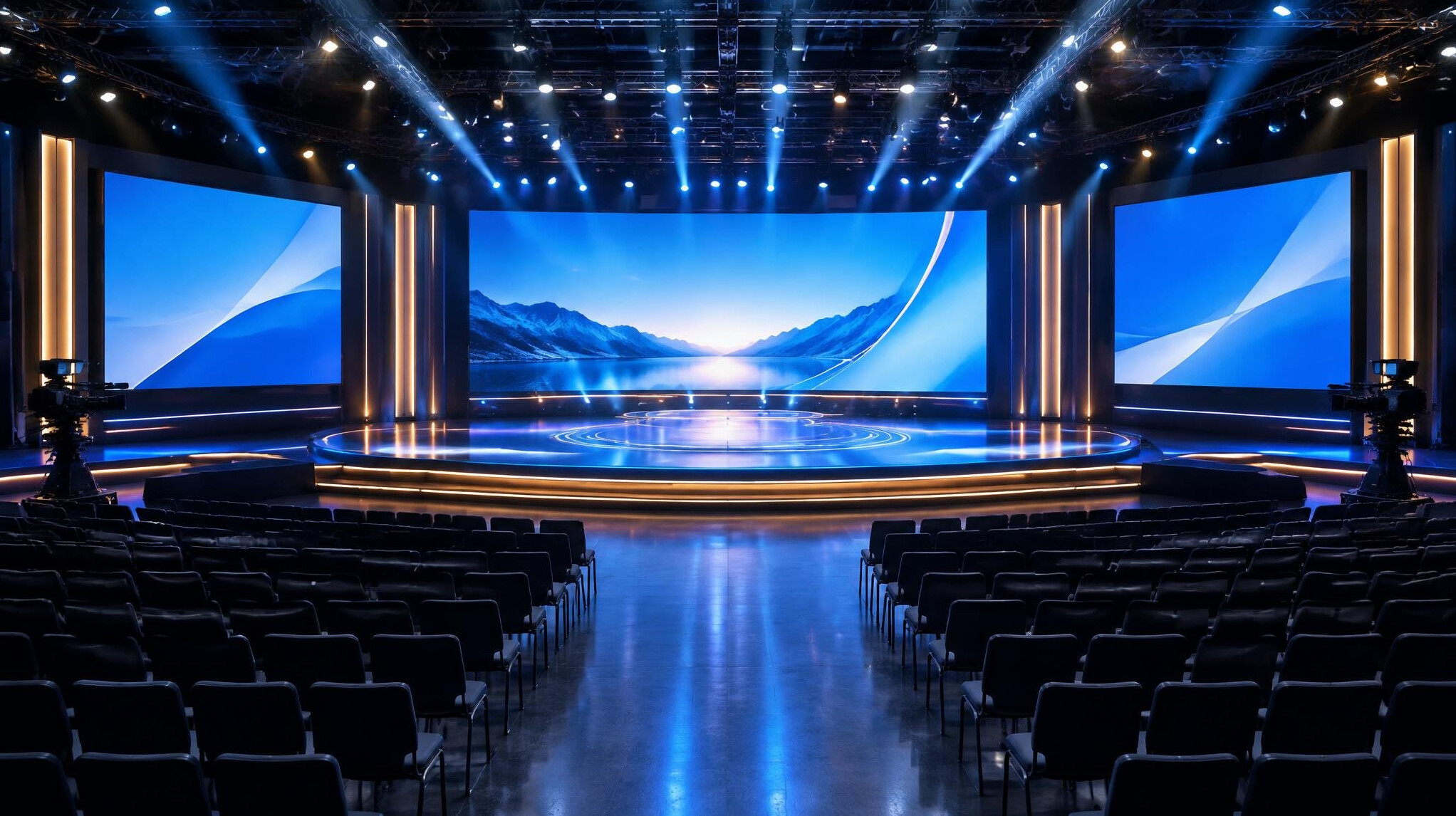 Large stage with studio lighting and screens ready for a broadcast