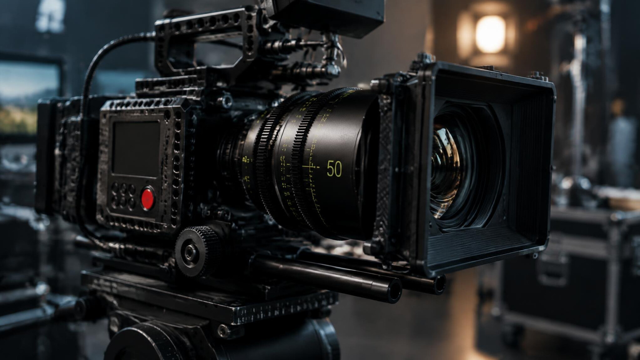 Cinema camera with lens close-up on a set