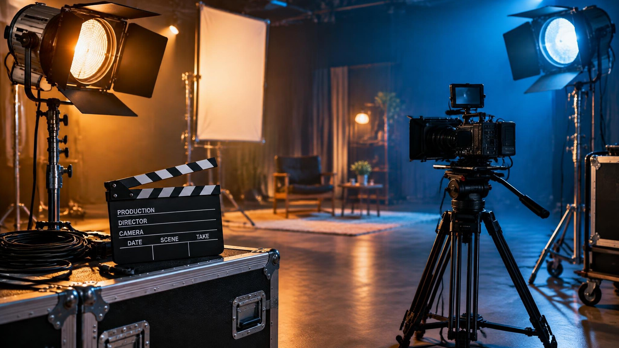 Film lighting equipment and a clapperboard on a production set