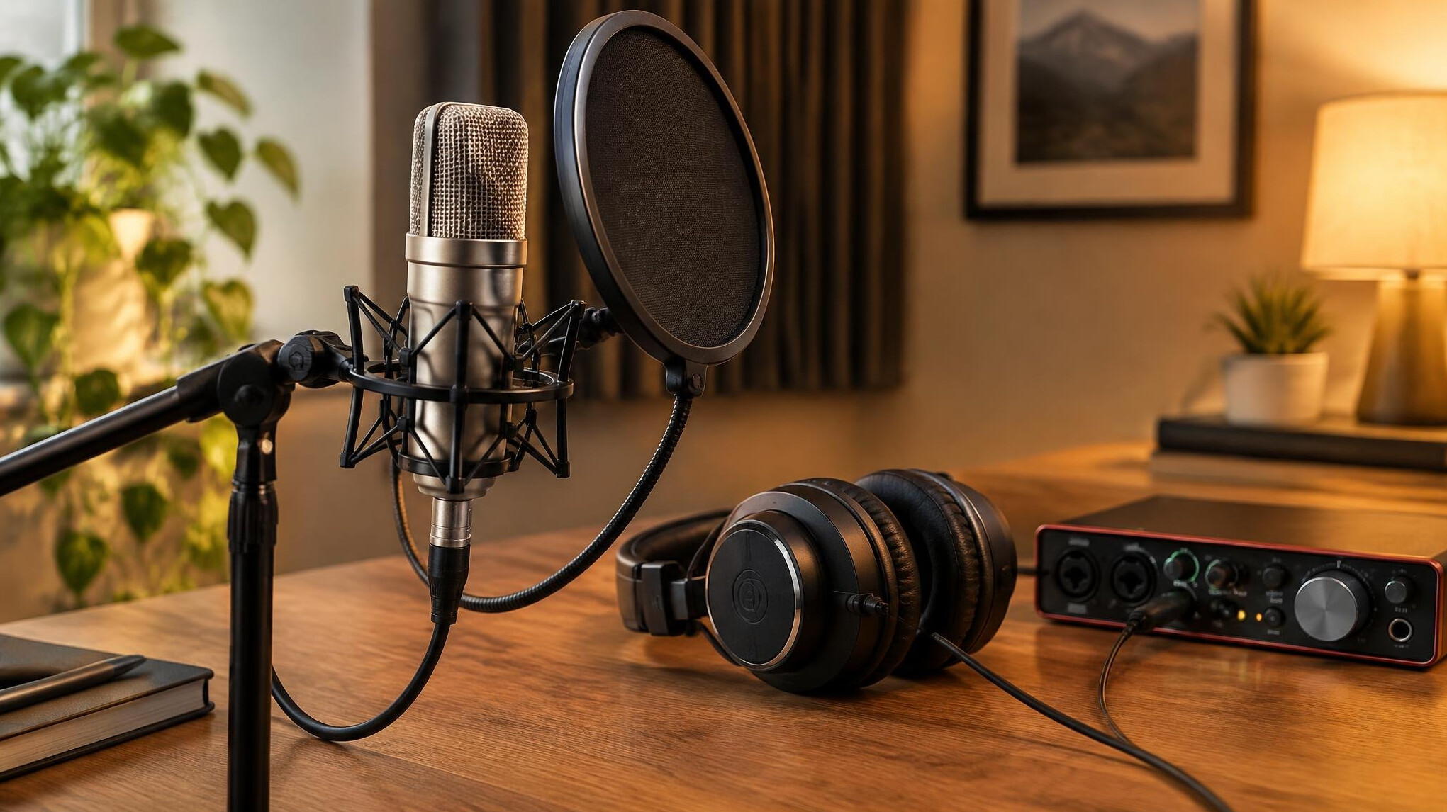 Studio microphone and headphones beside an audio interface