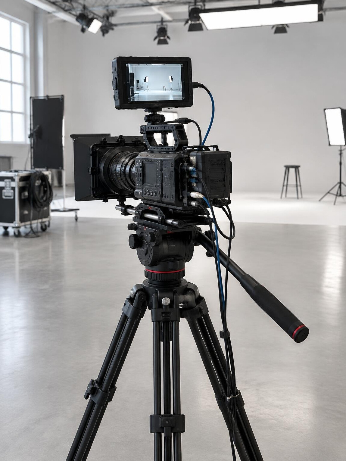 Video camera on a tripod ready for a shoot in a studio